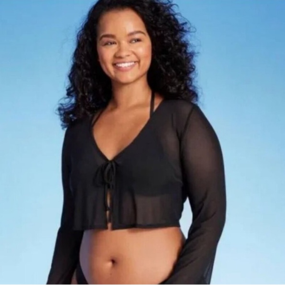 Tie-Front Cropped Mesh Cover Up Top Only—long sleeve- Wild Fable Black!!